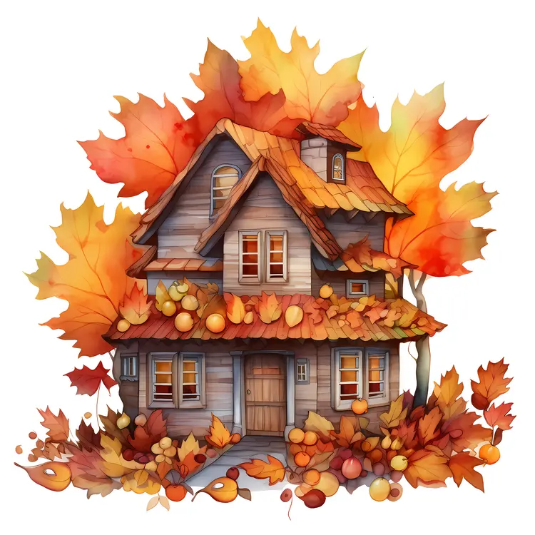Small cute doodle house surrounded by autumn leaves