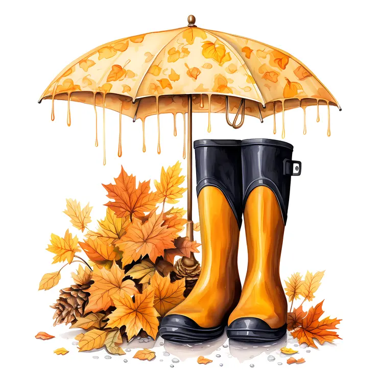 Yellow Boots and Umbrella with Autumn Leaves