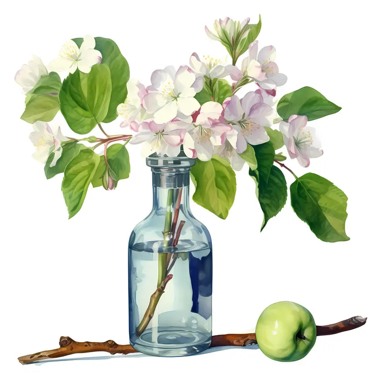 Green Apple and Apple Blossom in Glass Bottle