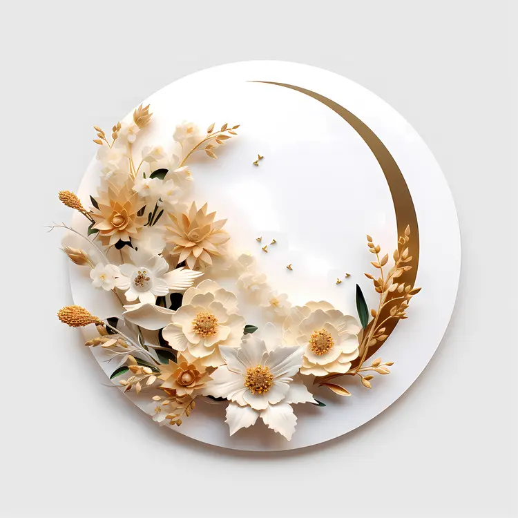 Golden Flowers and Crescent Moon in Elegant Floral Art