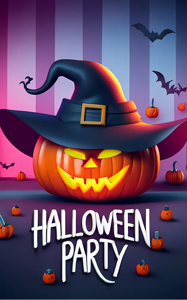 Halloween Party with Witch Hat and Pumpkins