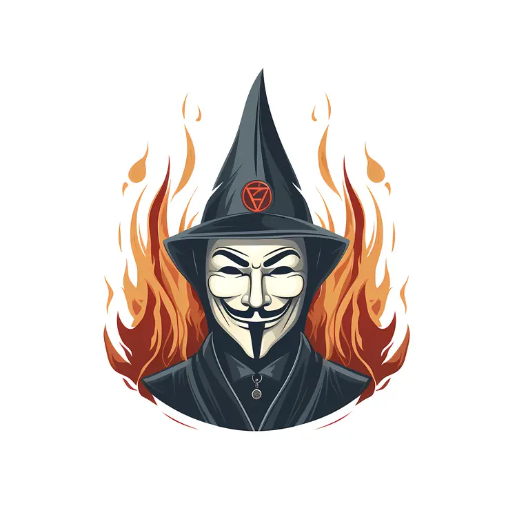 Guy Fawkes Mask with Witch Hat and Fire