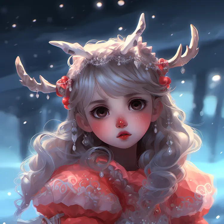 Girl with Antlers in Snowy Christmas Scene