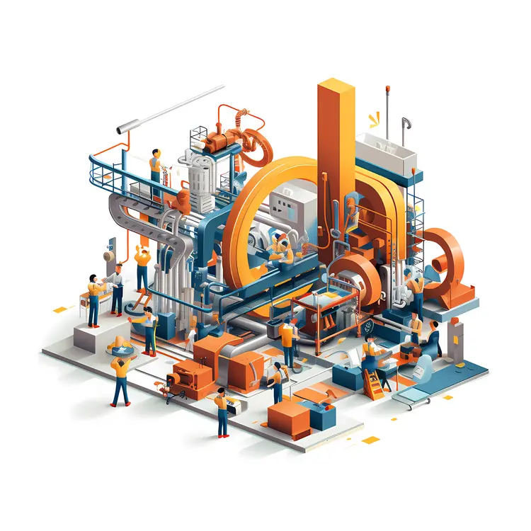 Busy Factory with Workers and Machinery