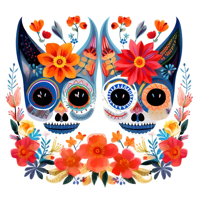 Colorful Sugar Skulls with Flowers for Day of the Dead Celebration