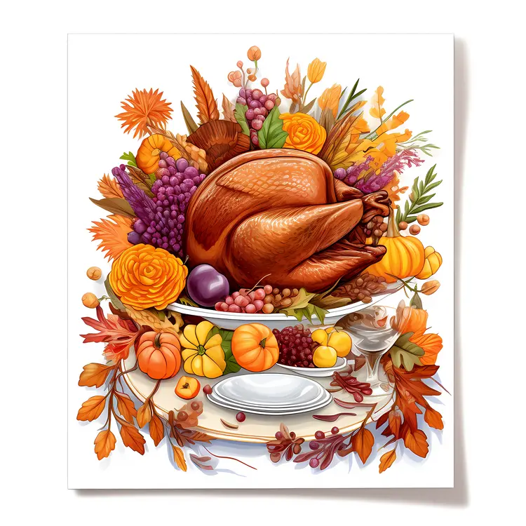 Thanksgiving Roast Turkey with Autumn Decorations