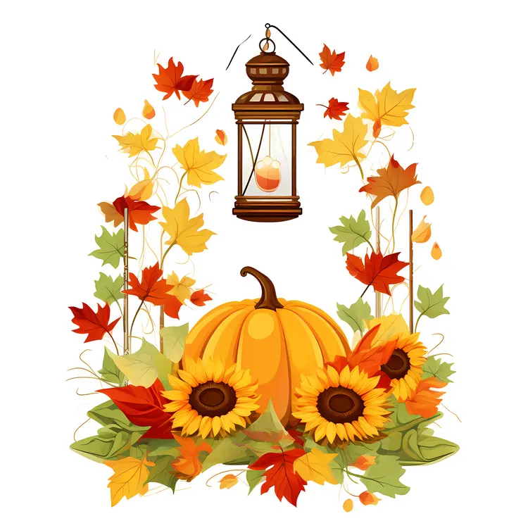 Autumn Pumpkin and Sunflowers with Lantern