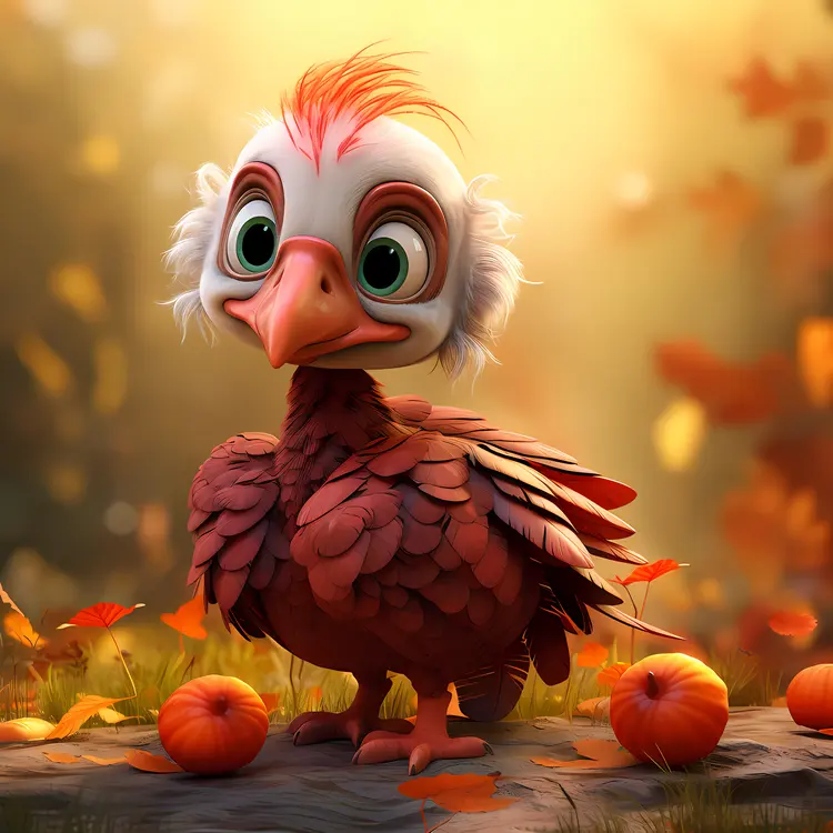 Red Cartoon Turkey with Autumn Leaves