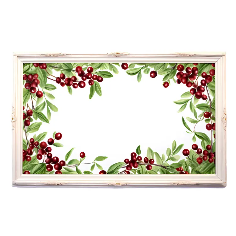 Rectangular Wooden Frame with Red Berries and Leaves
