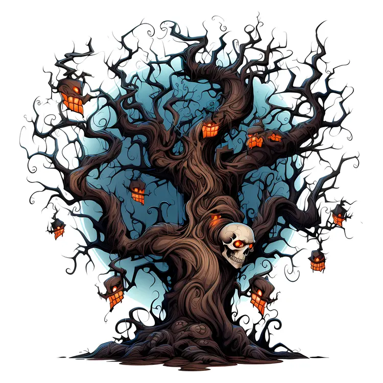 Spooky Tree with Skulls and Lanterns