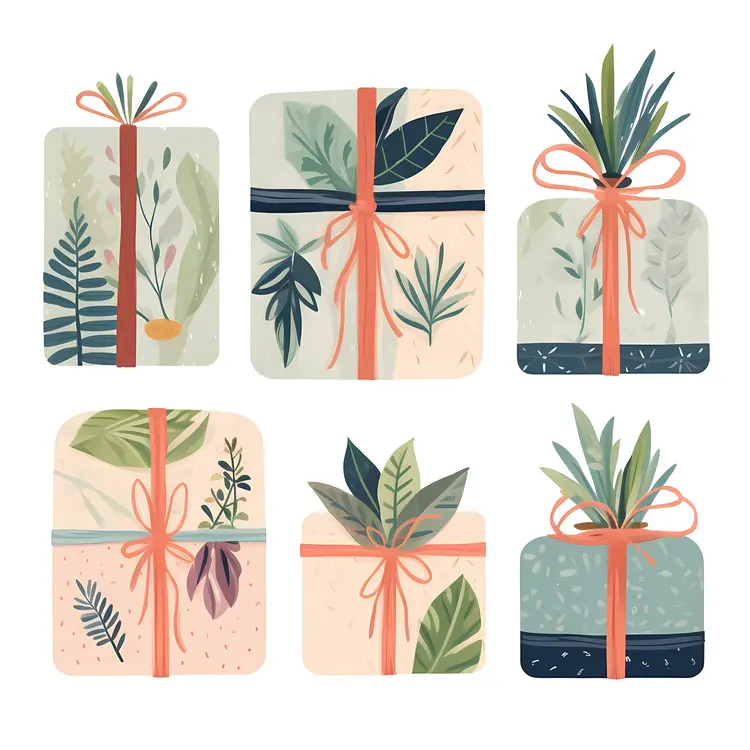 Gift Boxes with Botanical Designs and Ribbons