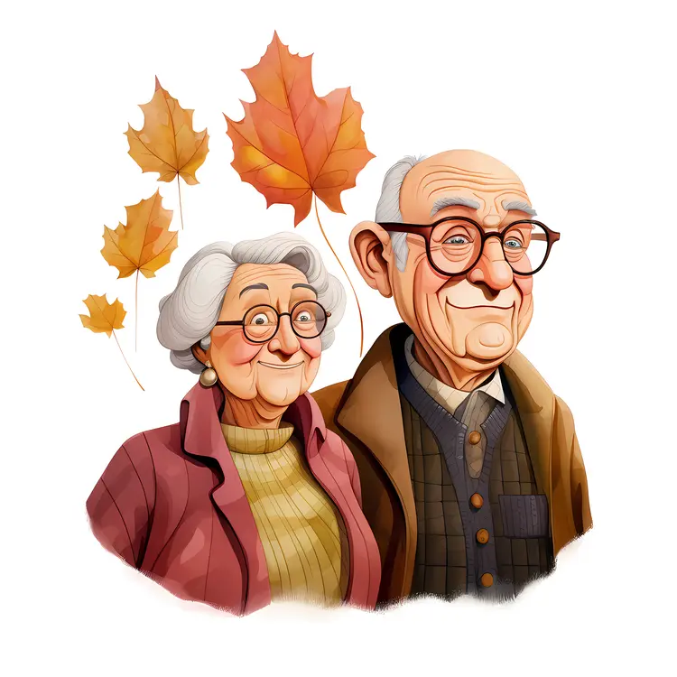 Elderly Couple with Autumn Leaves