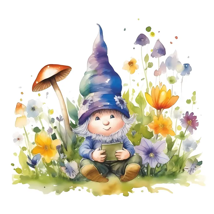 Cute Gnome in a Flower Garden