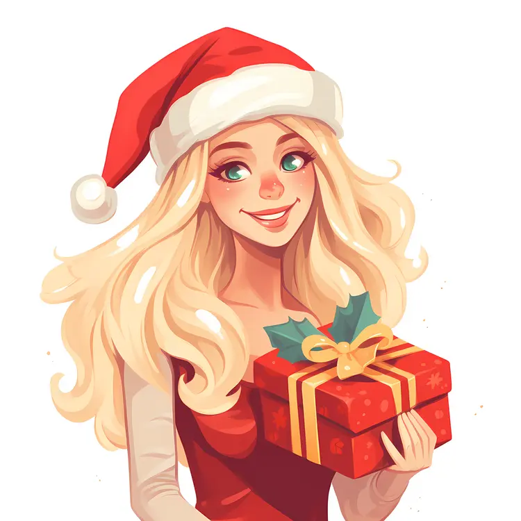 Girl Holding Gift Box with Santa Hat