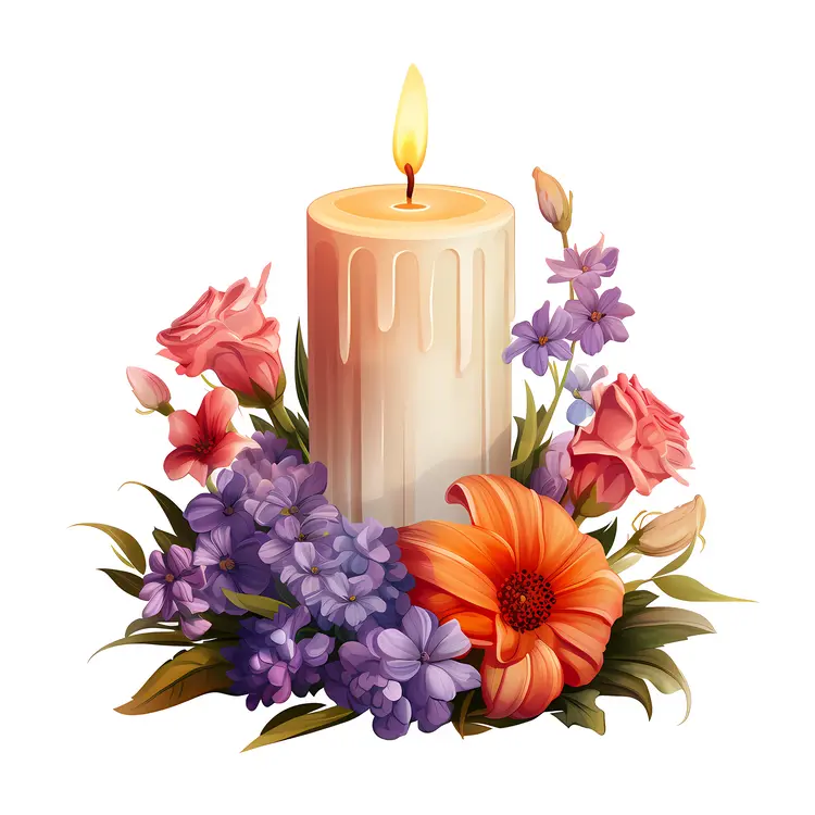 White Candle with Purple and Orange Flowers
