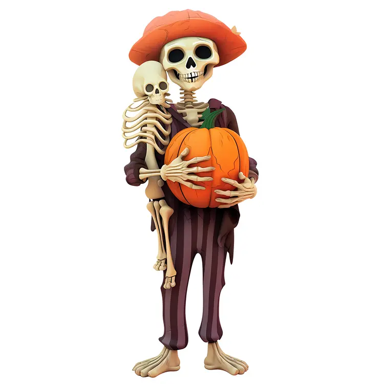 Skeleton Holding Pumpkin with Hat