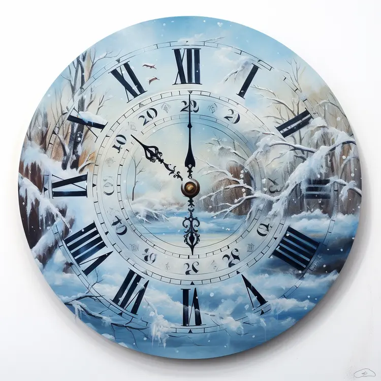 Winter Landscape Clock with Roman Numerals