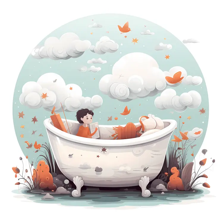 Boy Relaxing in Bathtub with Clouds and Birds