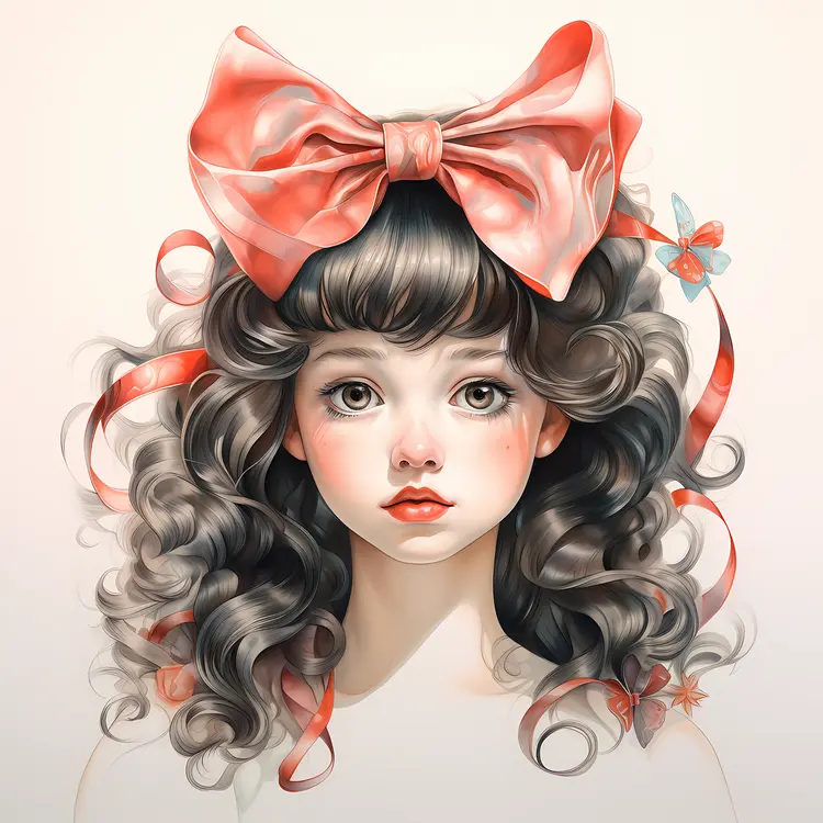 Girl with Red Bow and Curly Hair