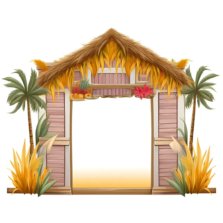 Tropical Hut with Palm Trees and Thatched Roof