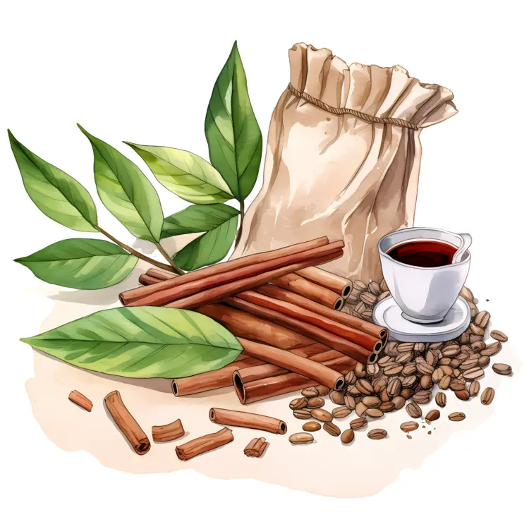 Coffee Beans and Cinnamon Sticks with Sack and Cup
