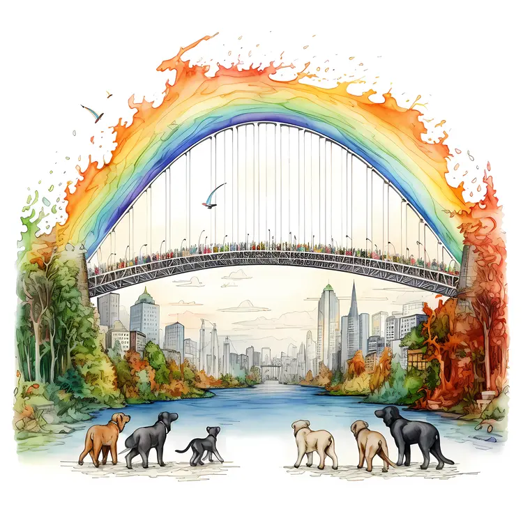 Dogs by Rainbow Bridge in Cityscape