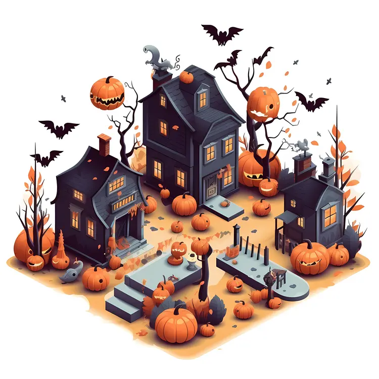 Haunted Houses with Pumpkins and Bats