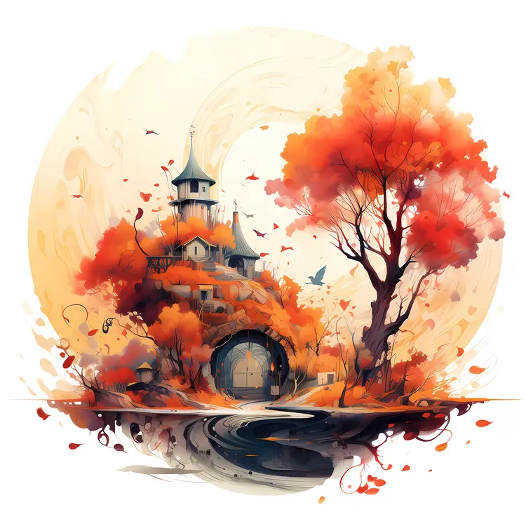 Tree House in Autumn Landscape