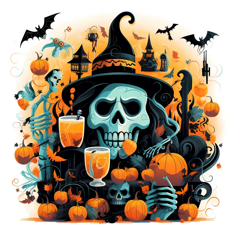 Skeleton with Witch Hat and Pumpkins