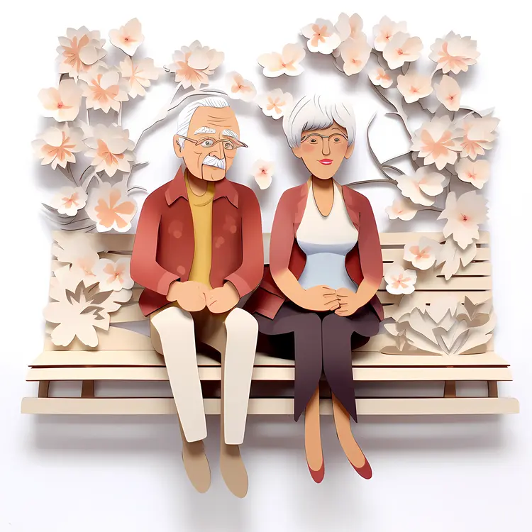 Elderly Couple Sitting on Bench with Flowers