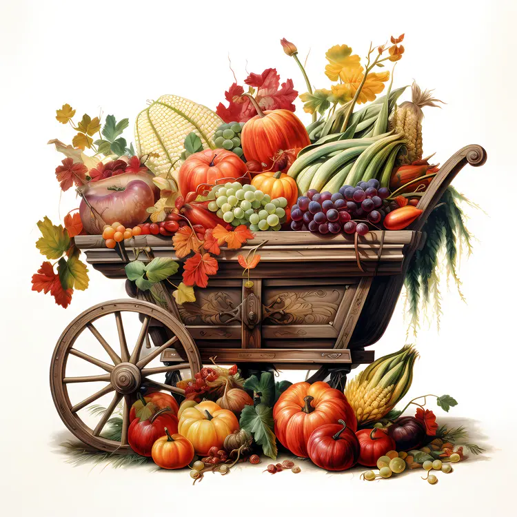 Autumn Harvest Cart with Pumpkins and Corn