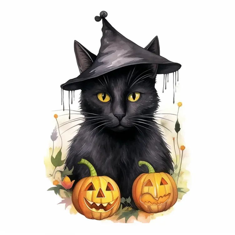 Black Cat with Witch Hat and Pumpkins for Halloween