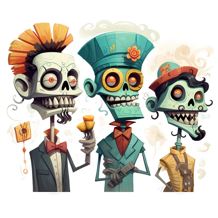 Three Skeletons with Hats for Day of the Dead