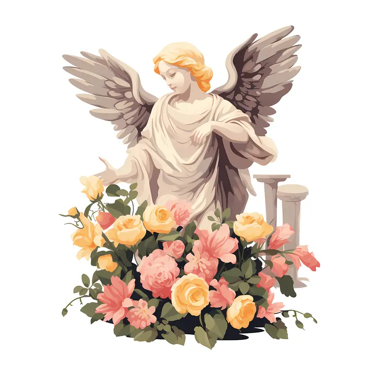 Angel Statue with Colorful Flowers