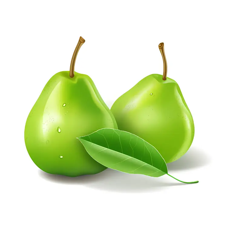 Two Green Pears with Leaf