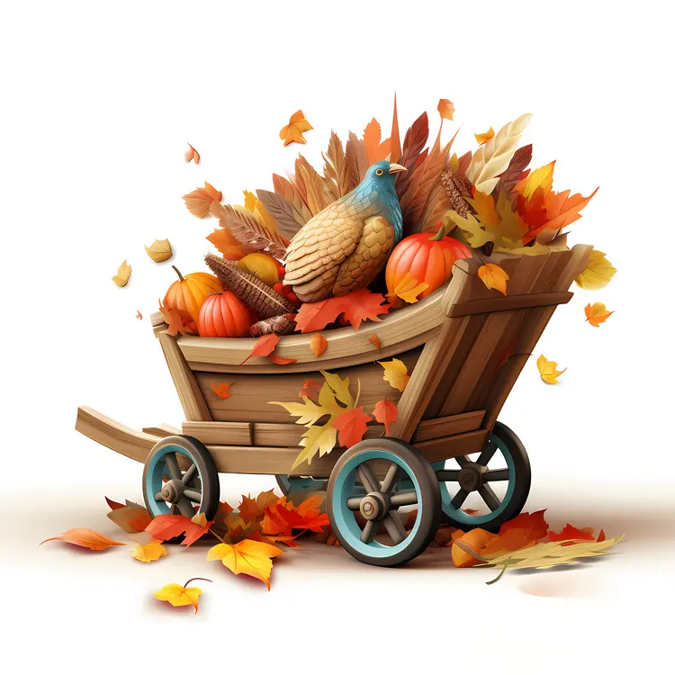 Wooden Cart with Pumpkins and Bird for Thanksgiving