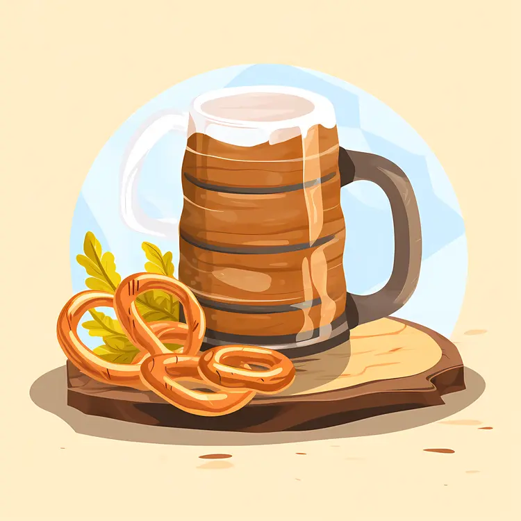 Beer Mug with Pretzels on Wooden Platter