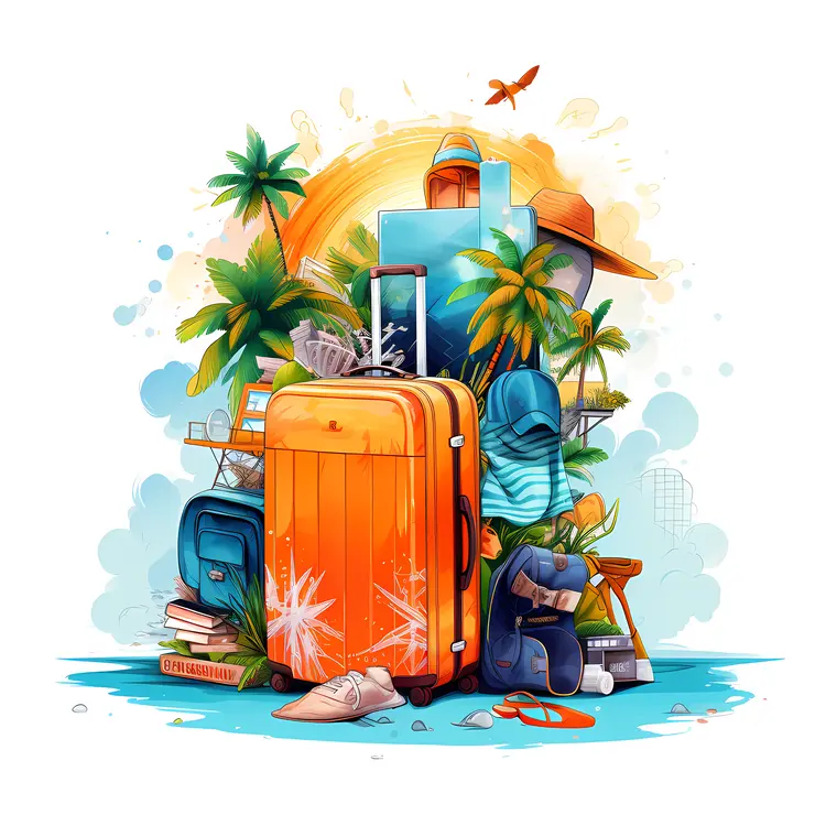 Orange Suitcase with Travel Items and Palm Trees
