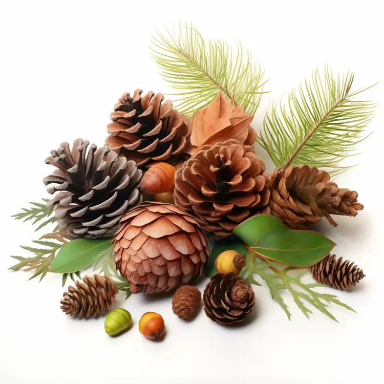 Pine Cones and Green Leaves for Autumn Decoration