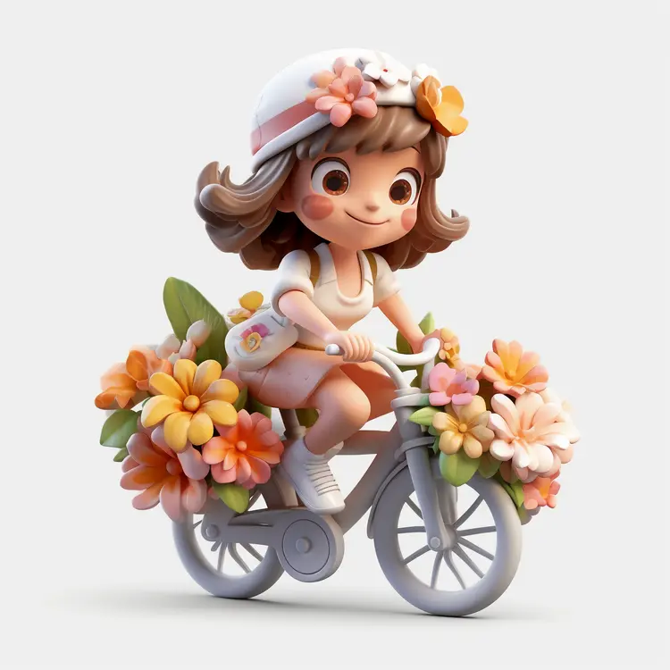 Cute Girl Riding Bicycle with Flowers