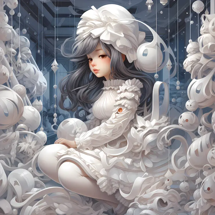 Girl in White Surrounded by Christmas Decorations
