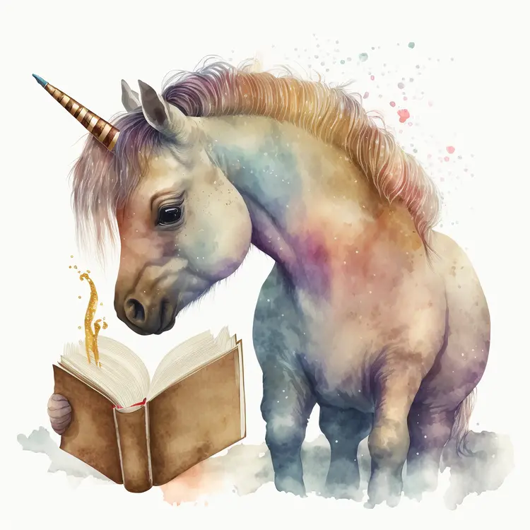 Unicorn Reading a Book in Watercolor Style