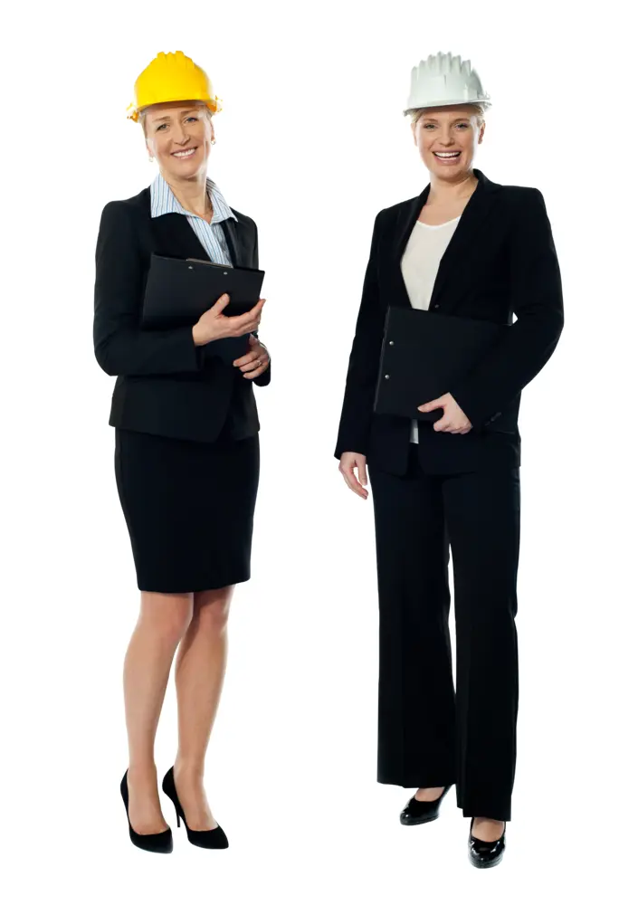 Professional Women in Business Attire with Hard Hats