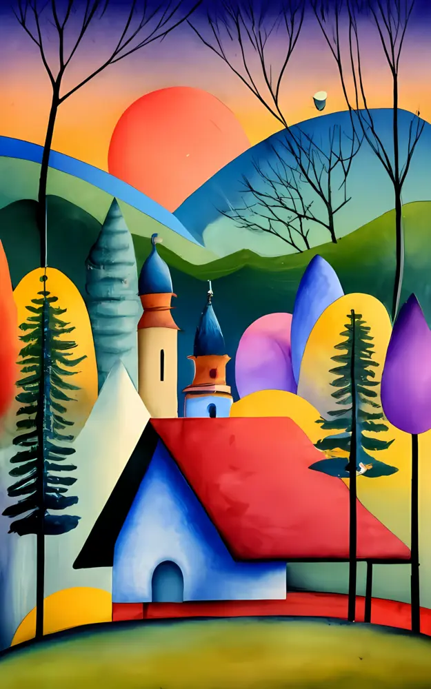 Small cute doodle house with church and colorful trees