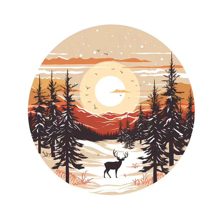 Deer in Snowy Forest at Sunset