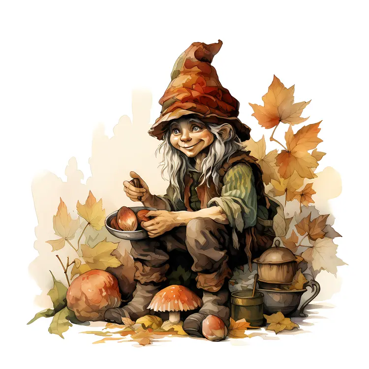 Elf with Mushrooms and Autumn Leaves
