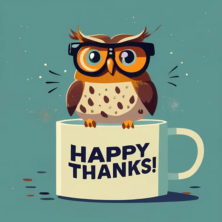 Cute Owl with Glasses and Coffee Cup Saying Happy Thanks