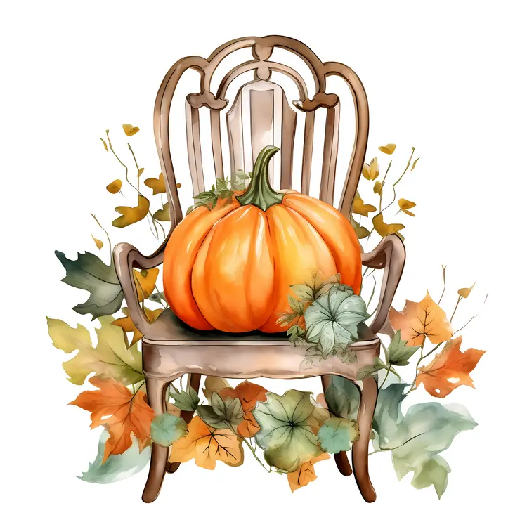 Pumpkin on Chair with Autumn Leaves