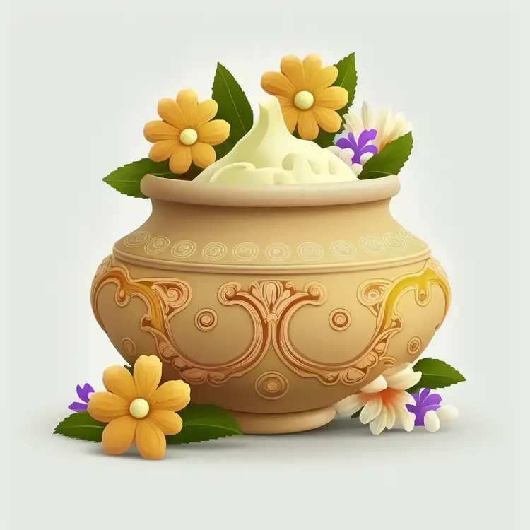Ornate Decorative Pot with Flowers and Cream