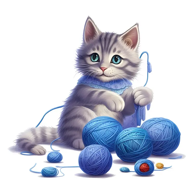 Cute Kitten Playing with Blue Yarn Balls